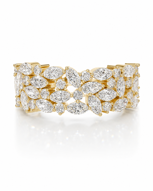 color_10K_YG, color_14K_YG &&	
Front view of an anniversary moissanite wedding band with marquise and round stones.