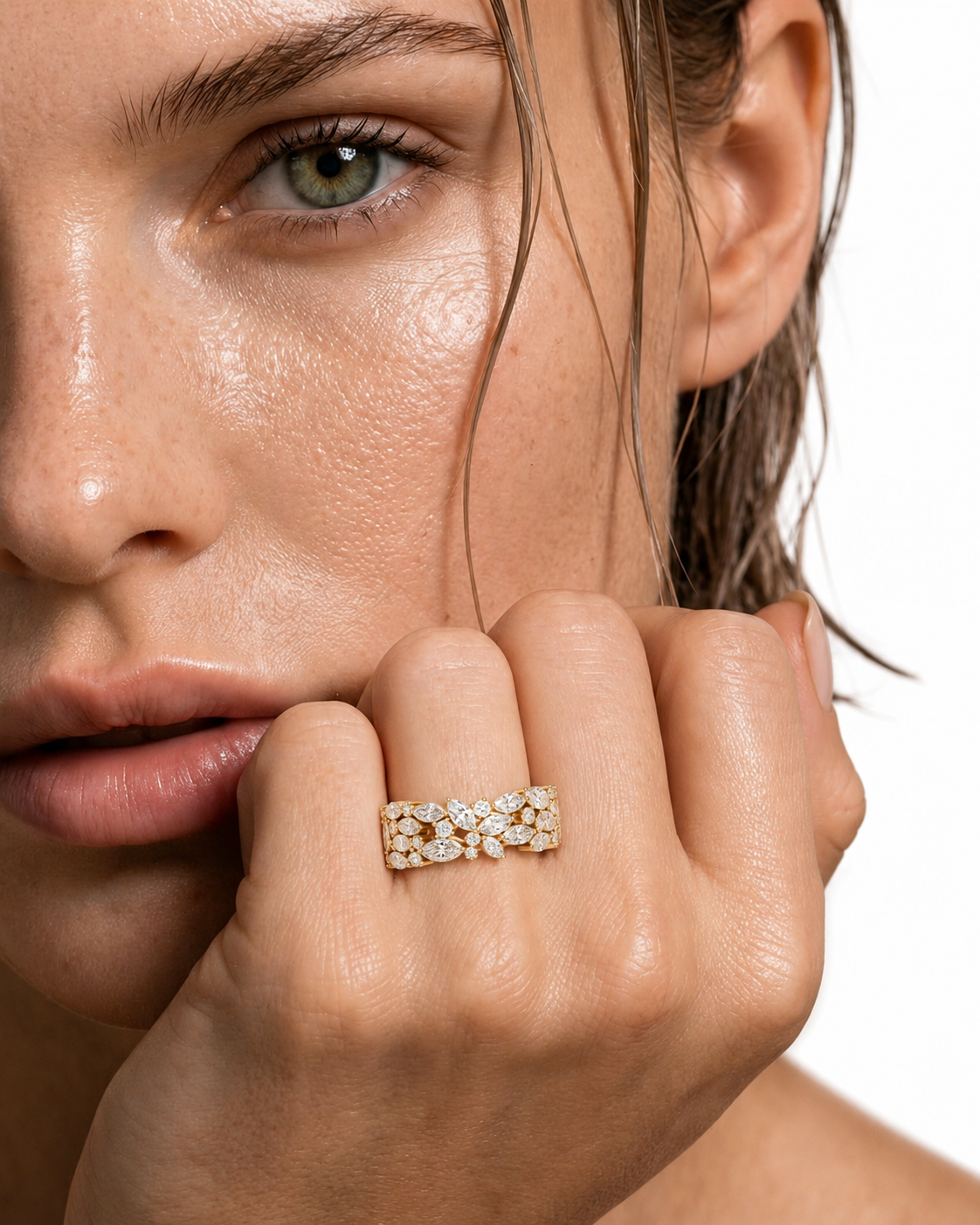 color_10K_YG, color_14K_YG &&	
Statement moissanite wedding band with layered marquise and round stone arrangement.
