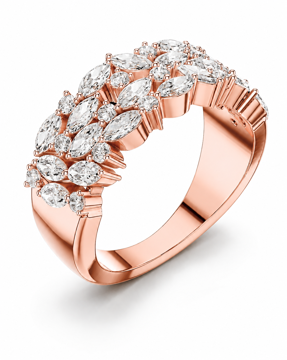 color_10K_RG, color_14K_RG &&	
A rose gold ring featuring a dense cluster of marquise-cut and oval diamonds on the upper half, set against a clean white background.