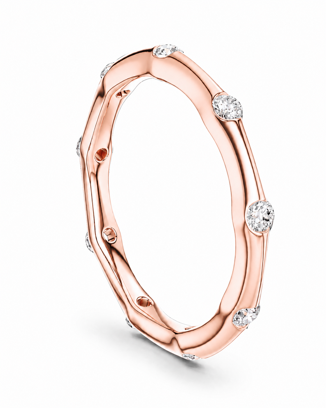 color_10K_RG, color_14K_RG &&	
A rose gold band ring with a wavy, organic shape and small round clear gemstones set along the outer surface, shown on a clean white background.
