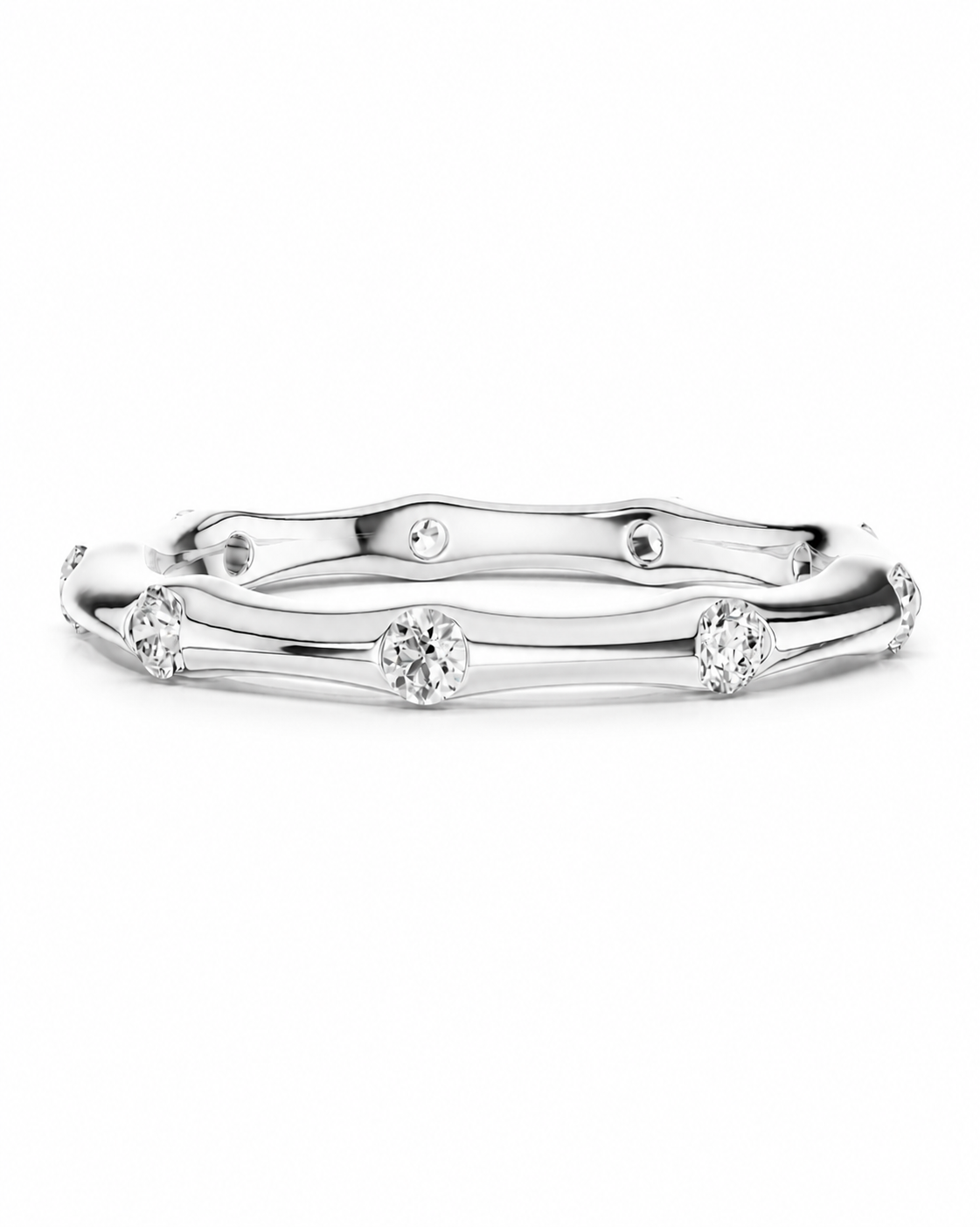 color_925_SIL,color_935_ARG,color_10K_WG, color_14K_WG &&	
A silver double-band ring featuring a textured outer band with three round-cut clear gemstones and a smoother inner band with small round-set accents, shown on a plain white background.