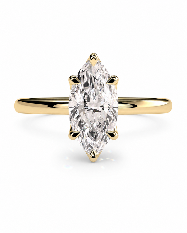 color_10K_YG, color_14K_YG &&A yellow gold ring featuring a large marquise-cut diamond center stone in a six-prong setting, shown against a clean white background.