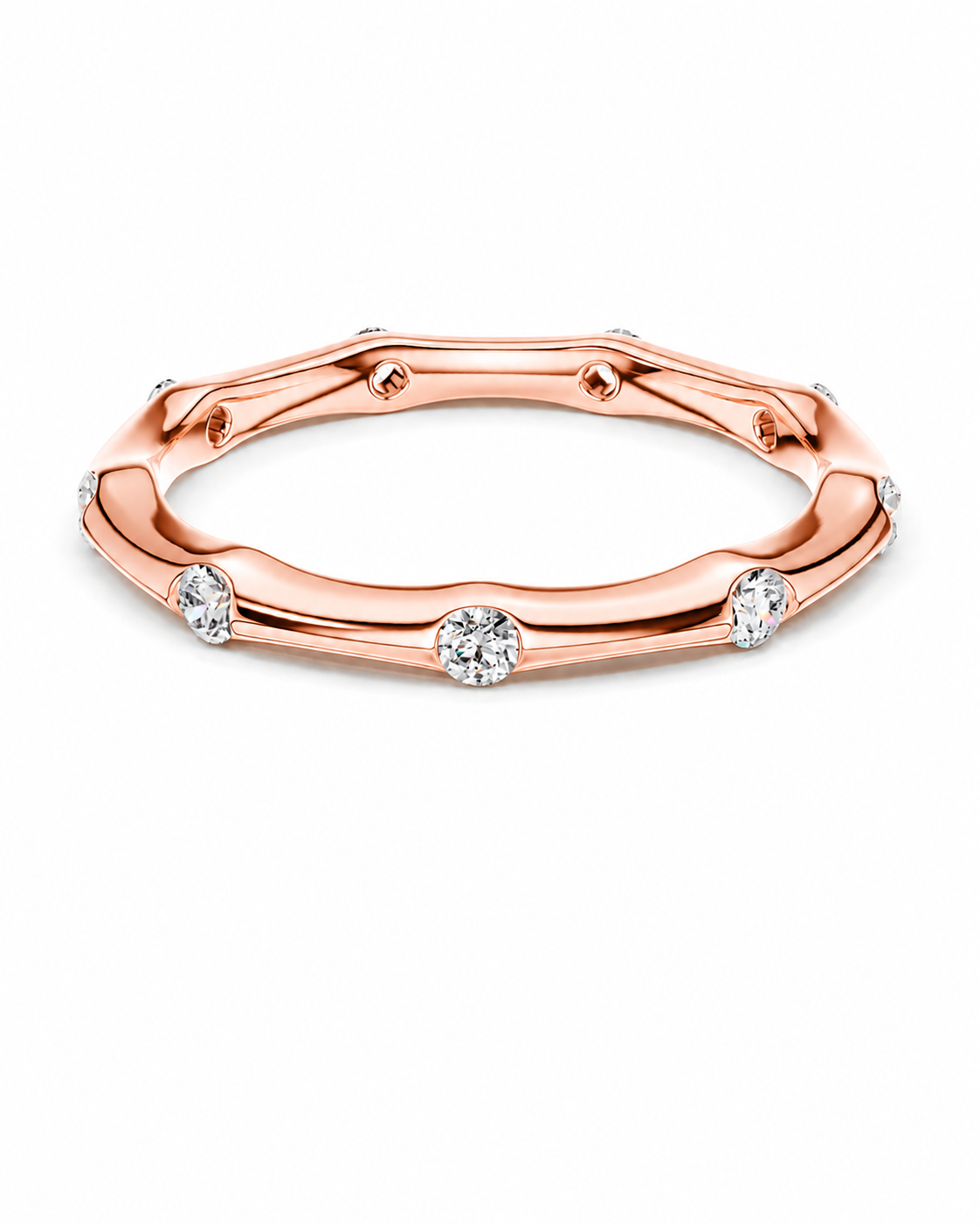 color_10K_RG, color_14K_RG &&	
A rose gold band ring featuring a wavy, segmented outer edge and small round clear gemstones set along the front, shown on a plain white background.