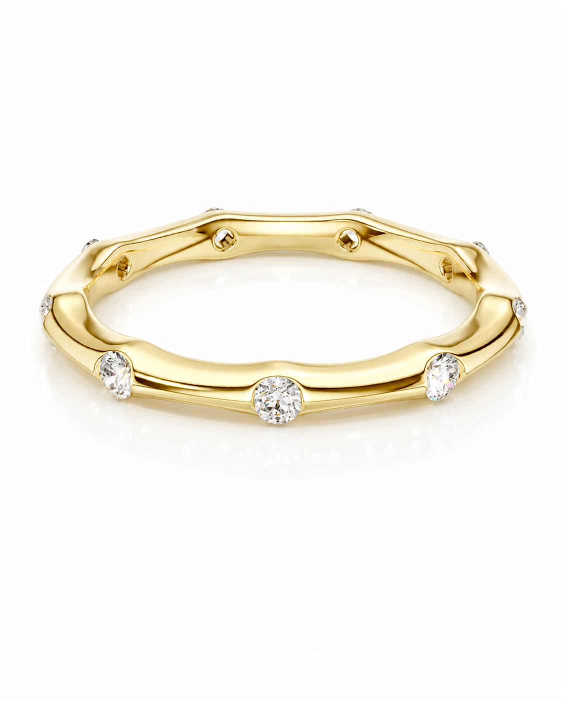 color_10K_YG, color_14K_YG &&	
Women's moissanite wedding band featuring evenly spaced round stones in a full eternity design.