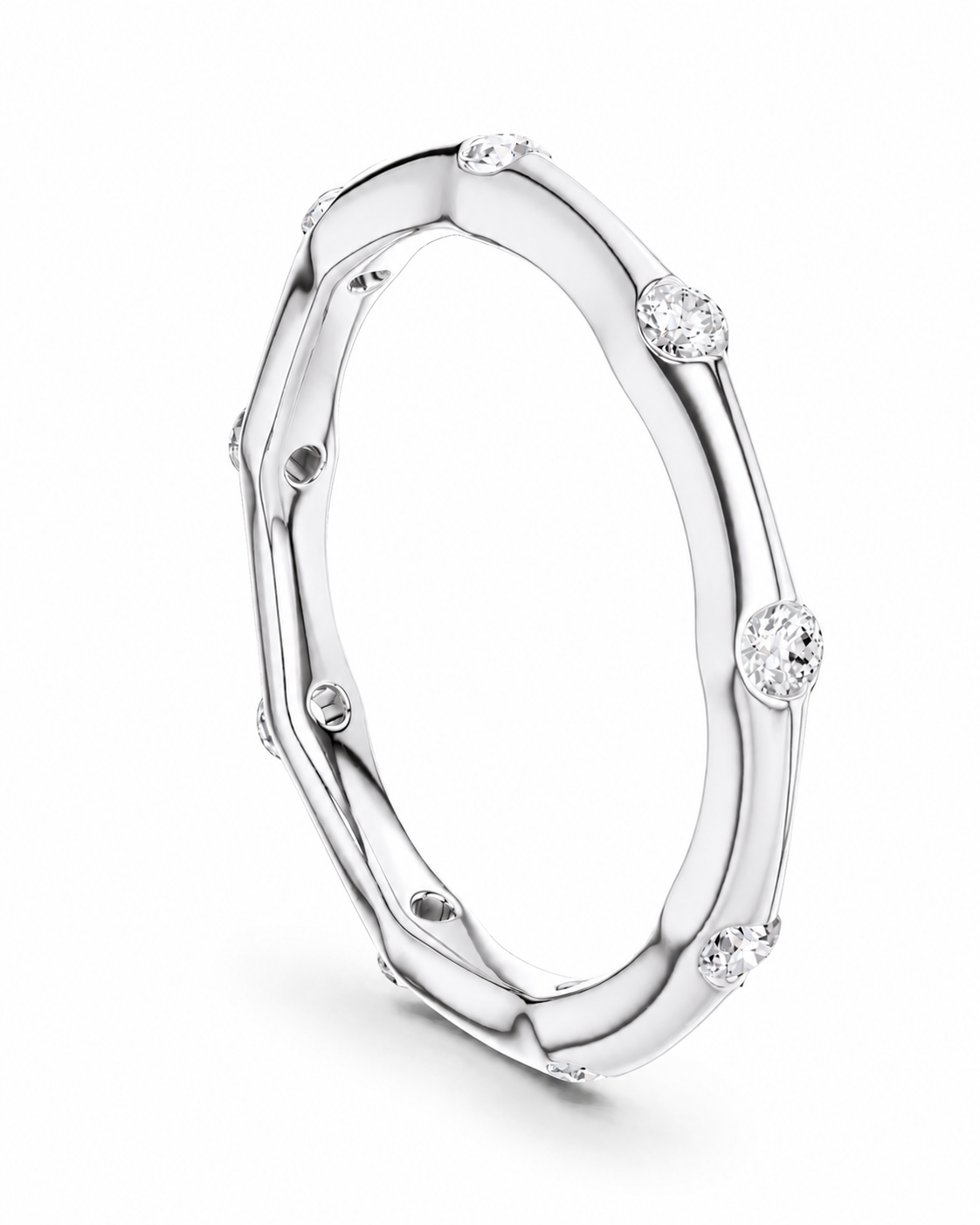 color_925_SIL,color_935_ARG,color_10K_WG, color_14K_WG &&	
A polished silver-toned band ring with irregular organic edges and small round clear gemstones set along the outer surface, shown on a clean white background.
