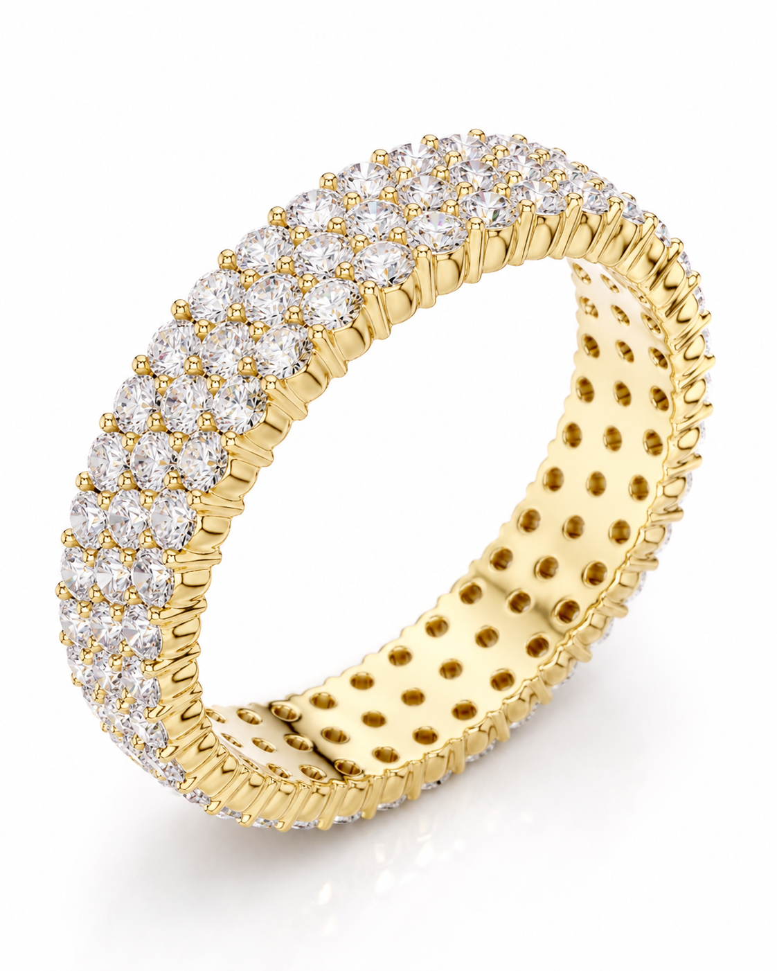 color_10K_YG, color_14K_YG &&	
Close-up of a handcrafted five-row moissanite anniversary band with round stones.