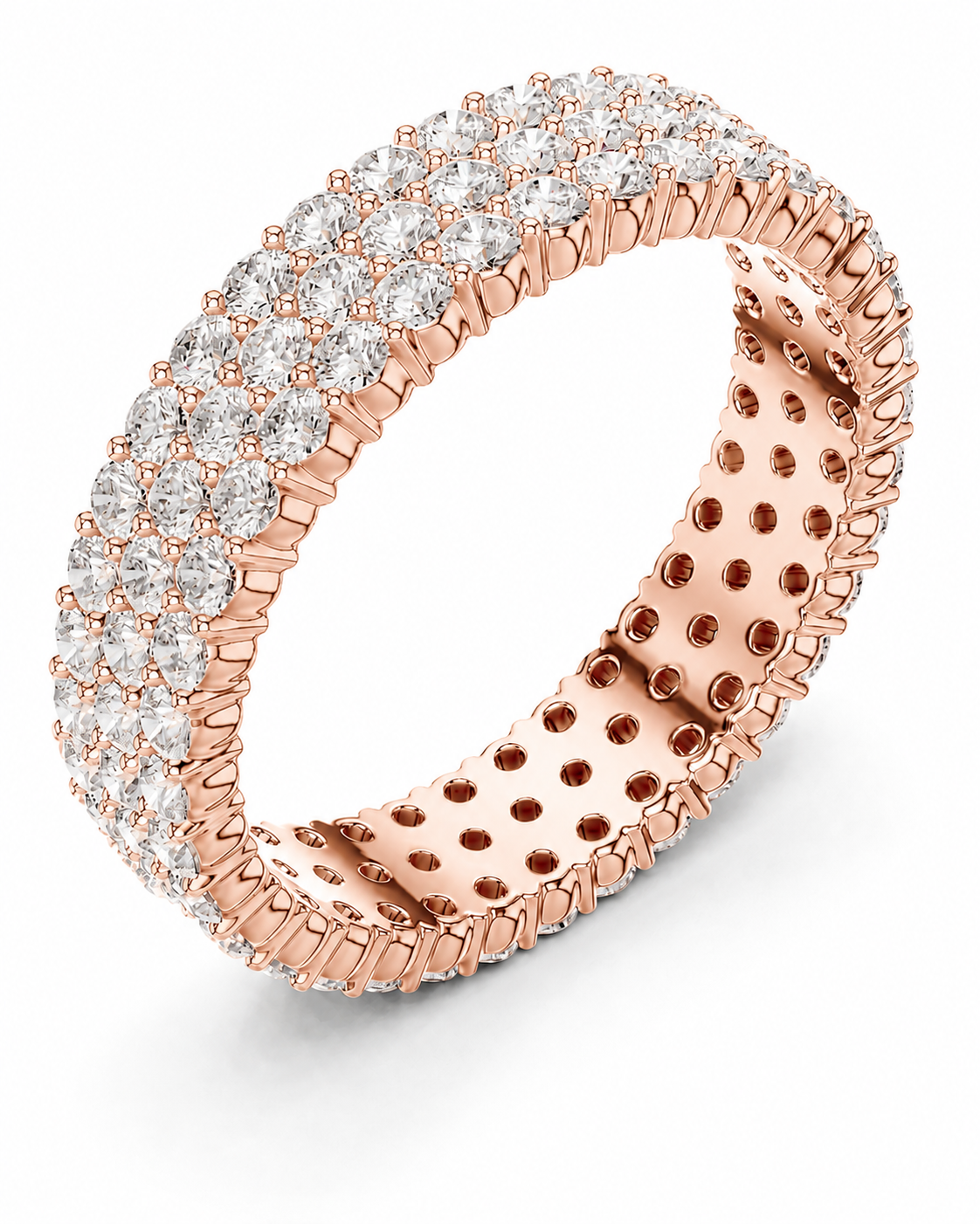 color_10K_RG, color_14K_RG &&	
A rose gold eternity ring set with clear pave diamonds, shown on a clean white background. The ring features a double row of round-cut diamonds on the exterior and a perforated band on the interior.