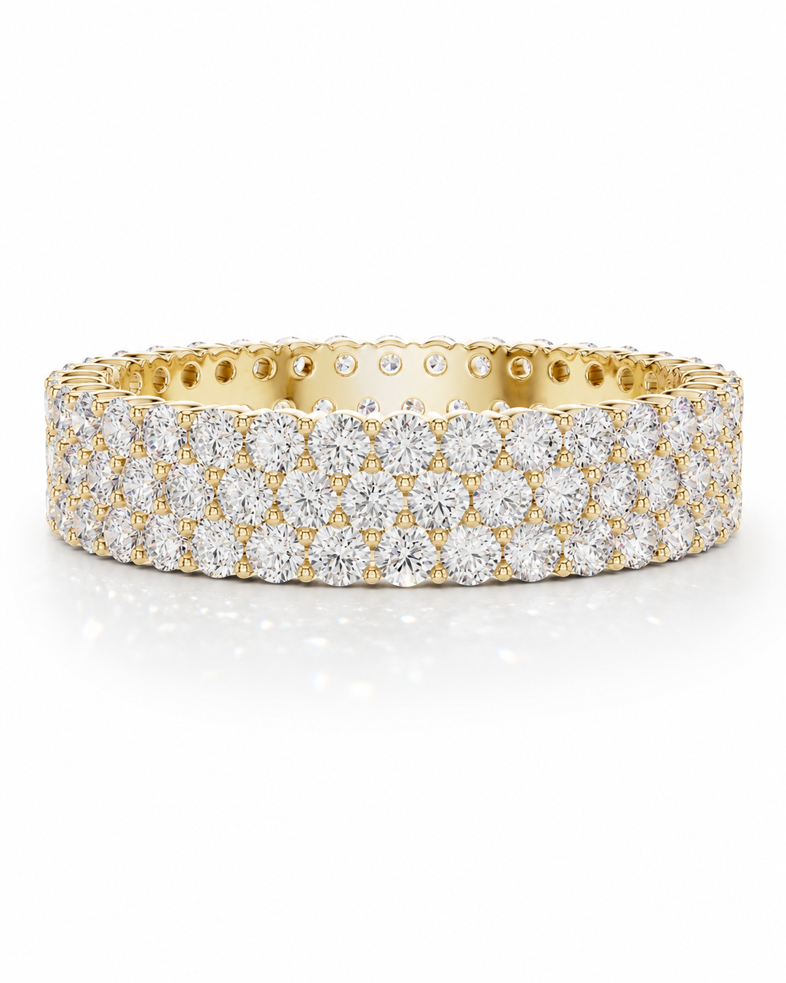 color_10K_YG, color_14K_YG &&	
Full eternity moissanite wedding band with five rows of round brilliant stones.