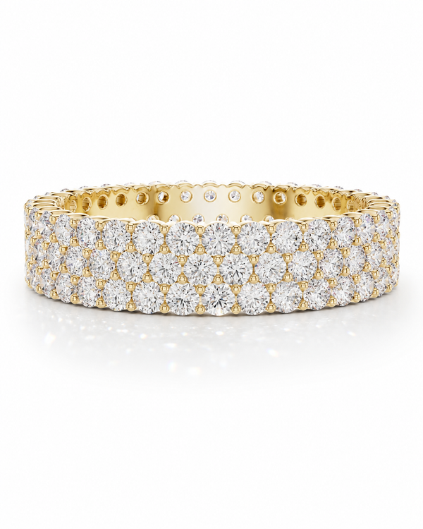 color_10K_YG, color_14K_YG &&	
Full eternity moissanite wedding band with five rows of round brilliant stones.
