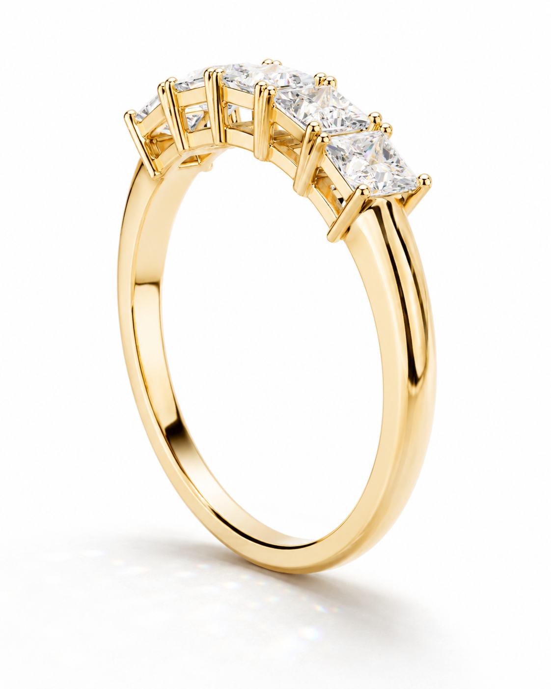color_10K_YG, color_14K_YG &&	
Front view of a women's moissanite wedding band featuring five princess-cut stones.