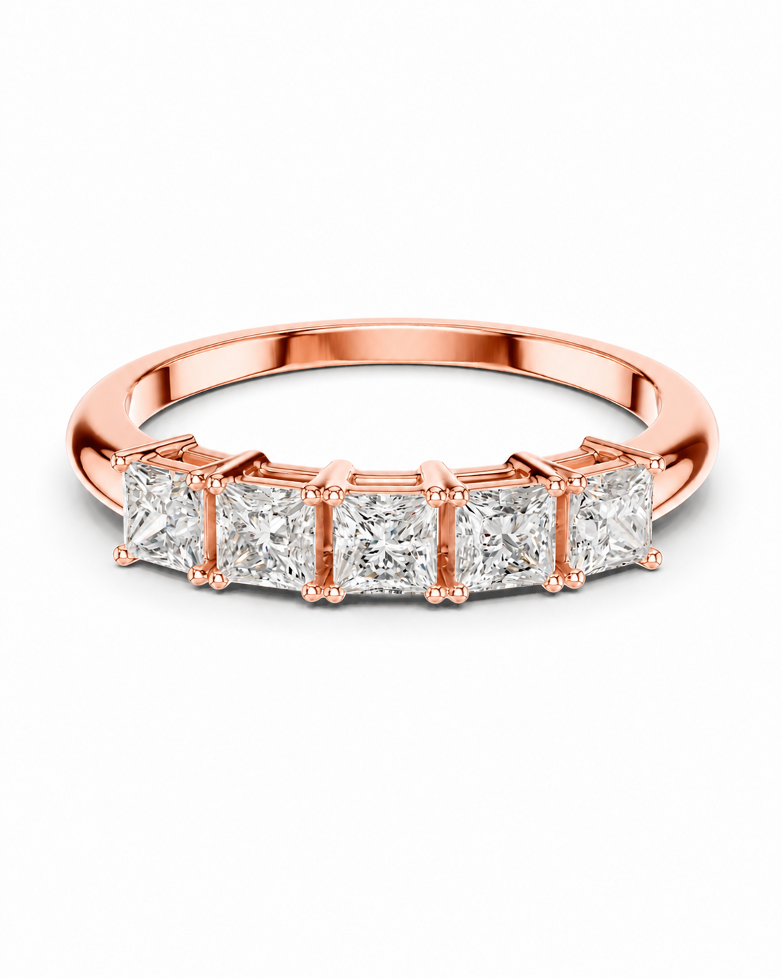 color_10K_RG, color_14K_RG &&	
A rose gold five-stone diamond band ring featuring princess-cut diamonds in a row, set in a polished rose gold band on a clean white background.