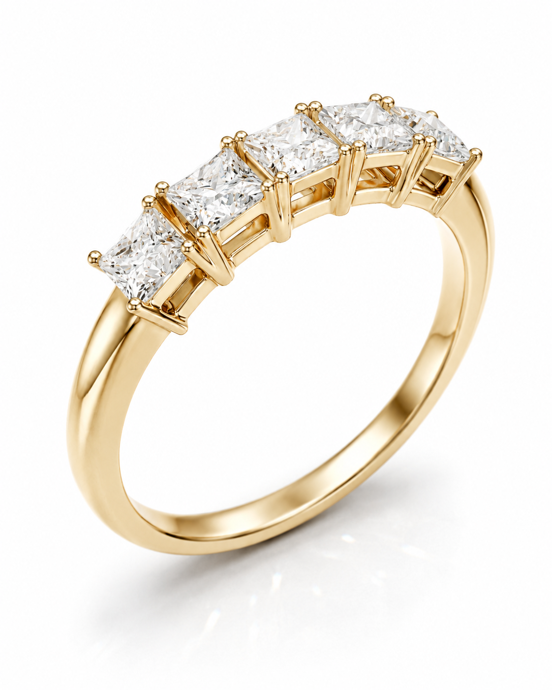 color_10K_YG, color_14K_YG &&	
Angled view of a handcrafted princess-cut moissanite wedding ring.