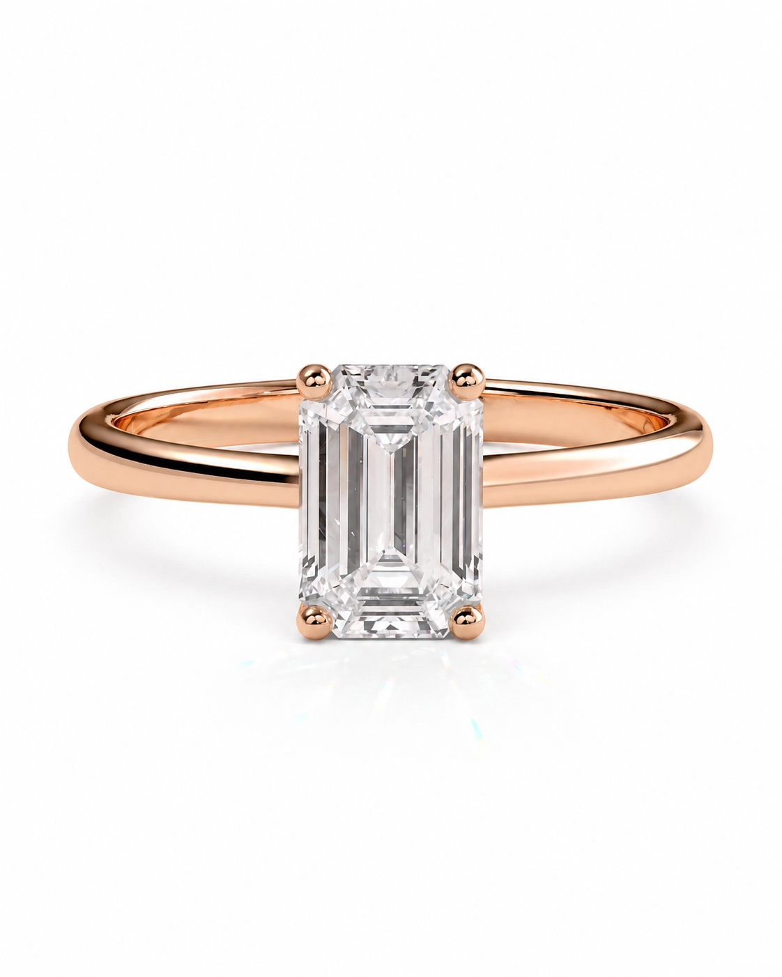 color_10K_RG, color_14K_RG &&A rose gold engagement ring featuring a large rectangular emerald-cut clear center stone in a four-prong setting, shown on a clean white background.