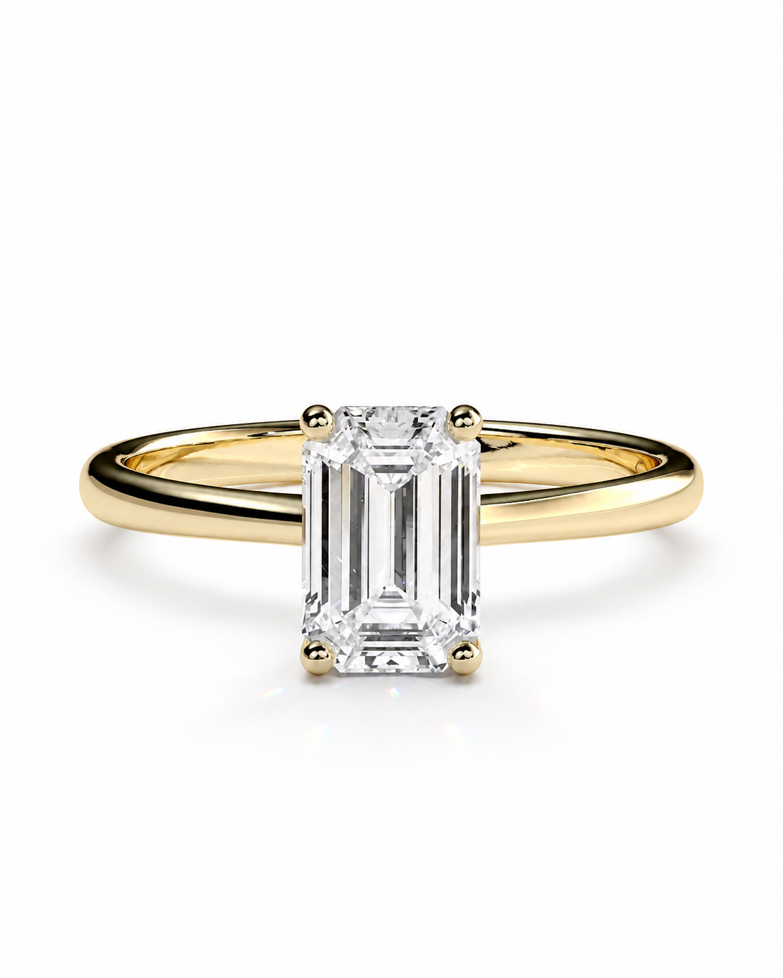 color_10K_YG, color_14K_YG &&A yellow gold engagement ring featuring a large rectangular emerald-cut diamond center stone in a four-prong setting, shown on a clean white background.