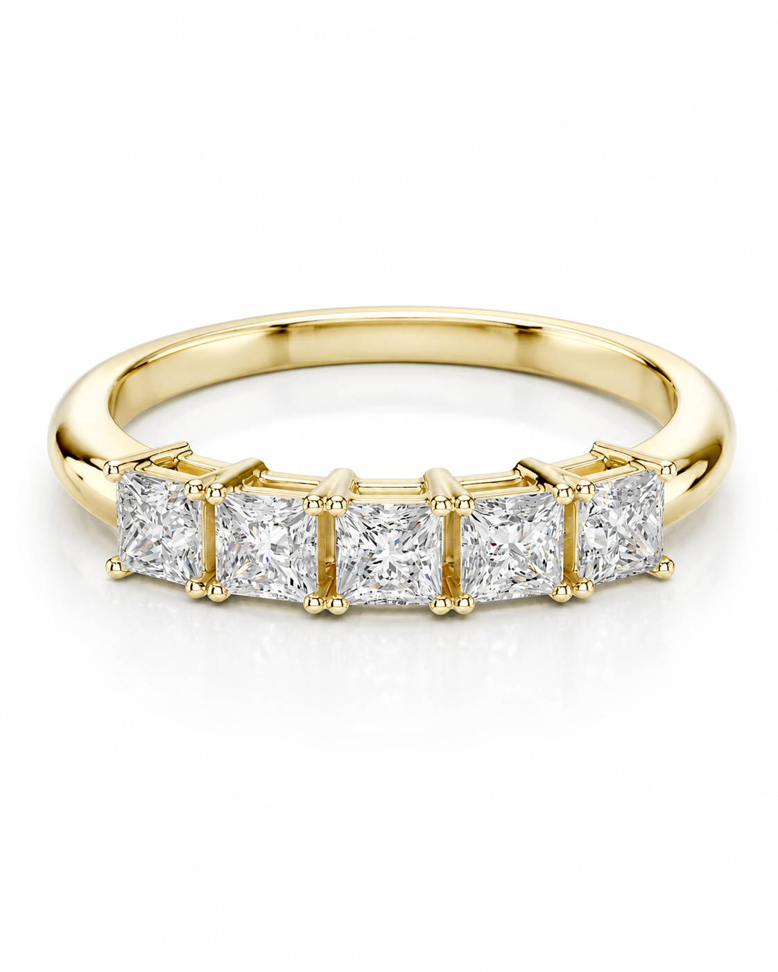 color_10K_YG, color_14K_YG &&	
Princess cut moissanite wedding band with five stones in a shared-prong setting.