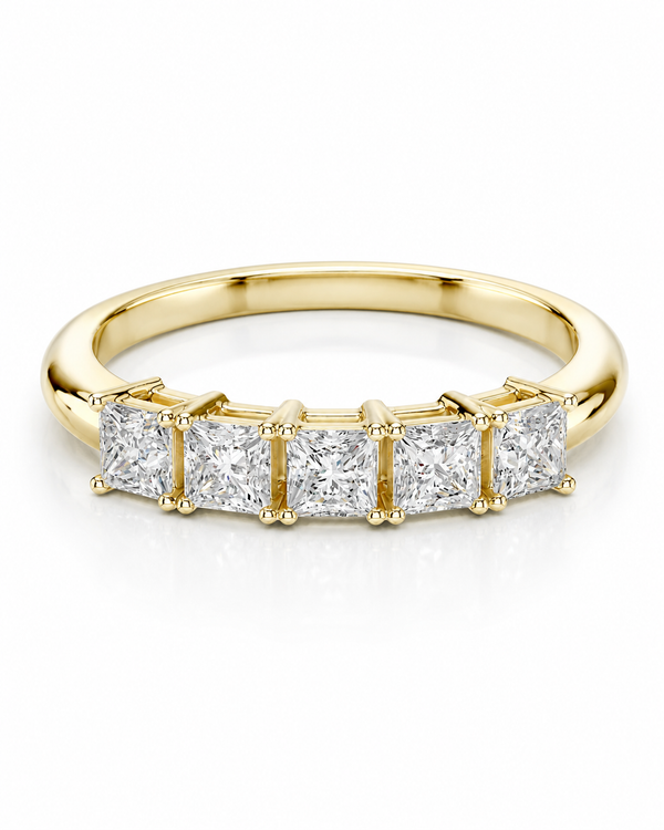 color_10K_YG, color_14K_YG &&	
Princess cut moissanite wedding band with five stones in a shared-prong setting.