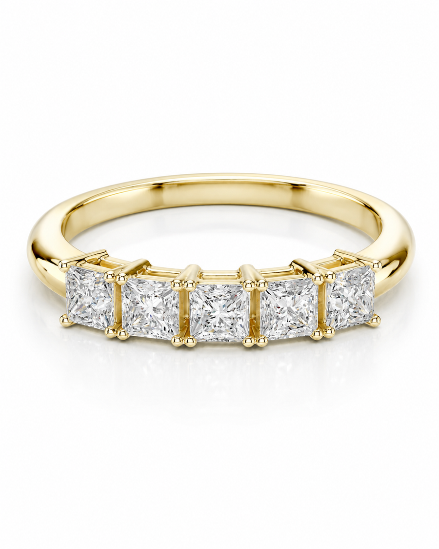 color_10K_YG, color_14K_YG &&	
Princess cut moissanite wedding band with five stones in a shared-prong setting.