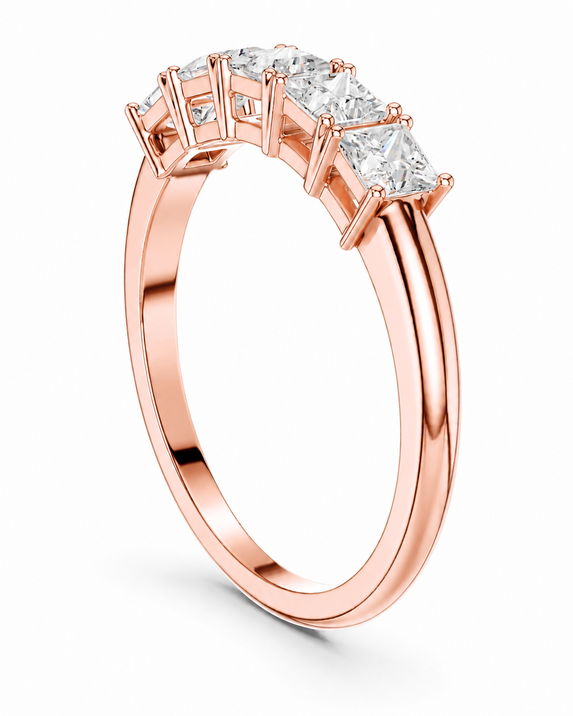 color_10K_RG, color_14K_RG &&	
A rose gold five-stone diamond ring with princess-cut diamonds, shown on a clean white background.