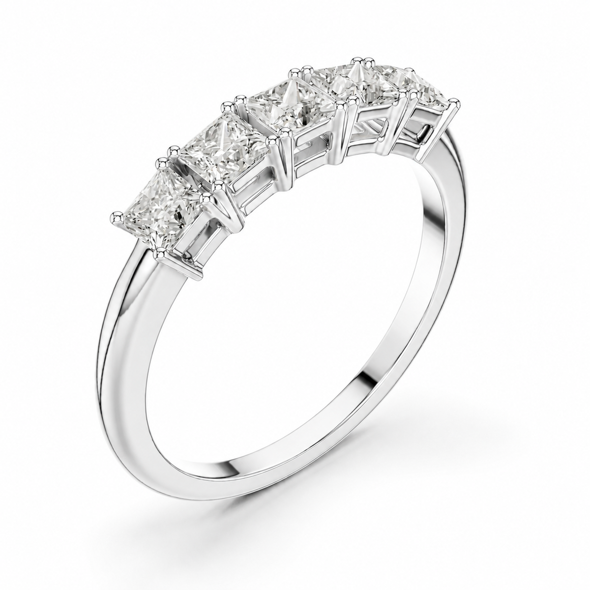 color_925_SIL,color_935_ARG,color_10K_WG, color_14K_WG &&	
A silver five-stone diamond ring featuring rectangular princess-cut diamonds set in a polished silver band, shown on a clean white background.
