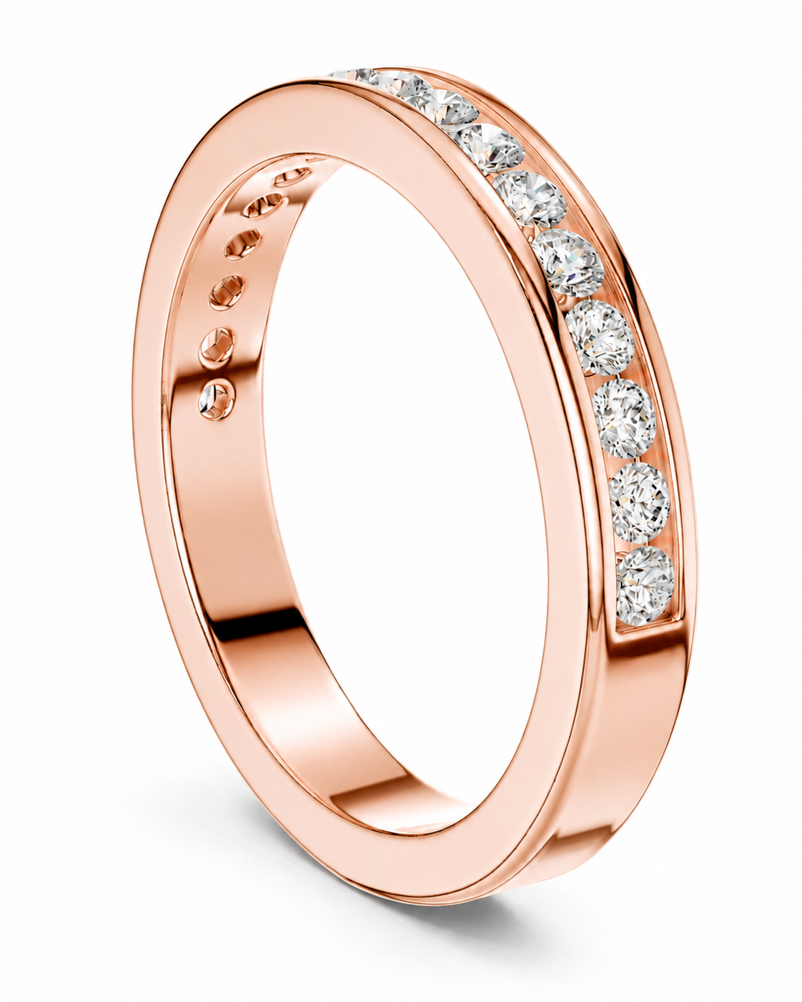 color_10K_RG, color_14K_RG &&	
A rose gold eternity-style ring with a channel-set row of clear round stones, shown on a clean white background.