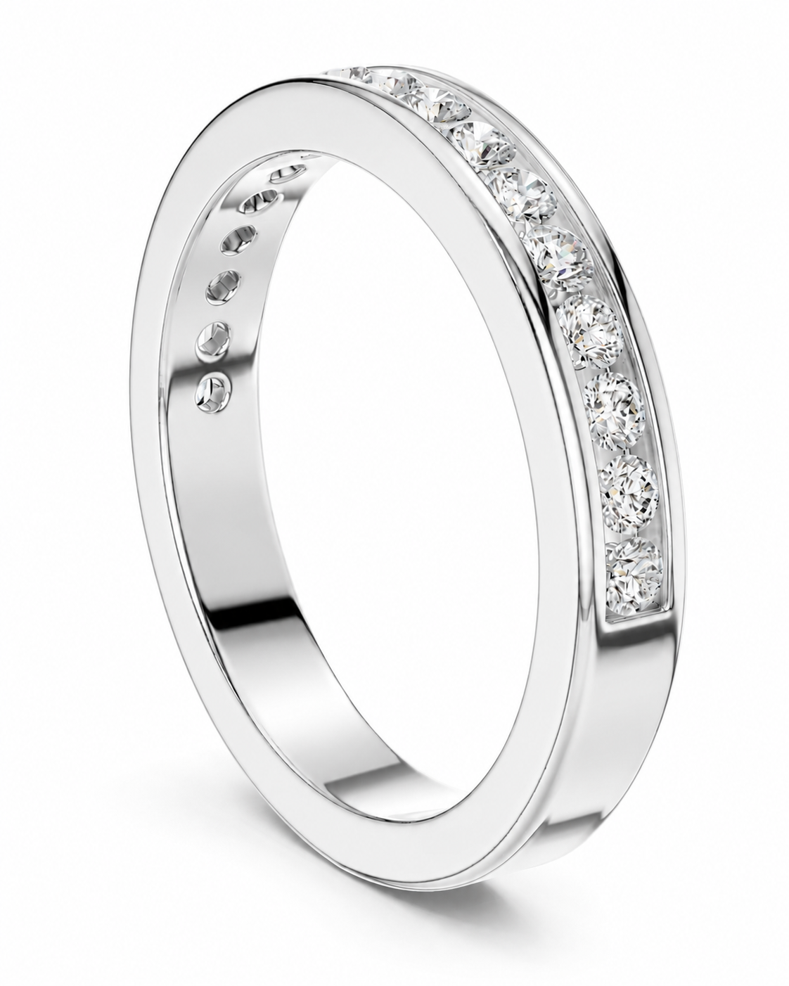 color_925_SIL,color_935_ARG,color_10K_WG, color_14K_WG &&	
A polished silver-tone eternity ring featuring a channel-set row of clear round diamonds on the outer band, shown against a clean white background.
