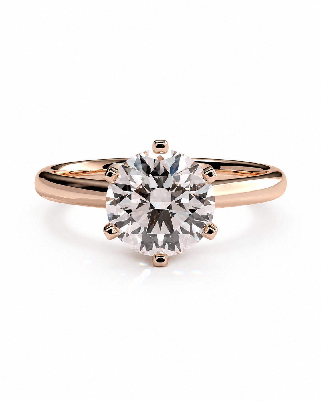 color_10K_RG, color_14K_RG &&A classic solitaire engagement ring featuring a round brilliant-cut diamond set in a polished rose gold four-prong setting, on a clean white background.