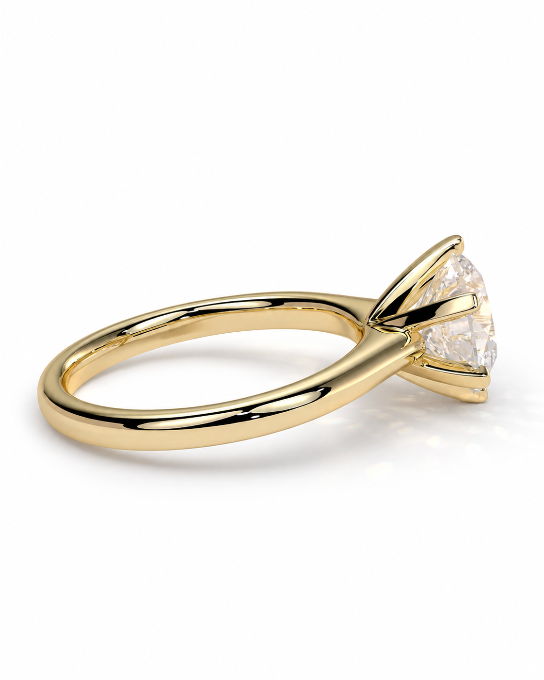 color_10K_YG, color_14K_YG &&A yellow gold solitaire engagement ring with a round brilliant-cut diamond, shown in a three-quarter side view on a clean white background.