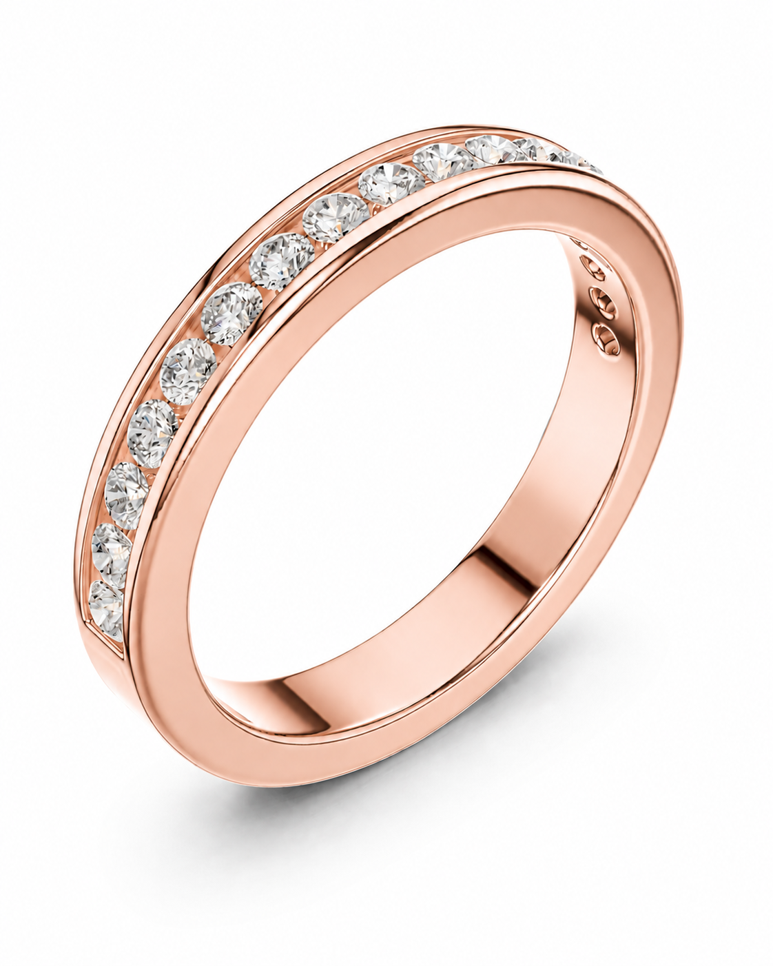 color_10K_RG, color_14K_RG &&	
A rose gold eternity-style ring with a channel-set row of clear round gemstones along the upper curve, shown on a clean white background.