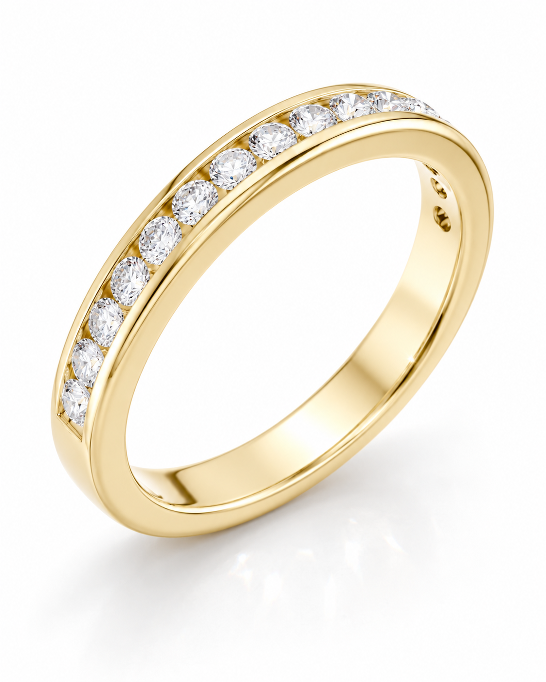 color_10K_YG, color_14K_YG &&	
Front view of a handcrafted channel-set moissanite wedding ring.