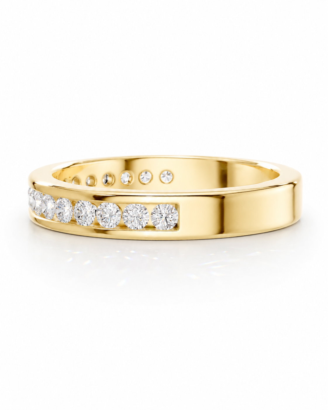color_10K_YG, color_14K_YG &&	
Women's moissanite wedding band with a sleek channel-set round stone design.