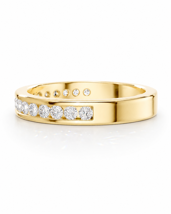color_10K_YG, color_14K_YG &&	
Women's moissanite wedding band with a sleek channel-set round stone design.