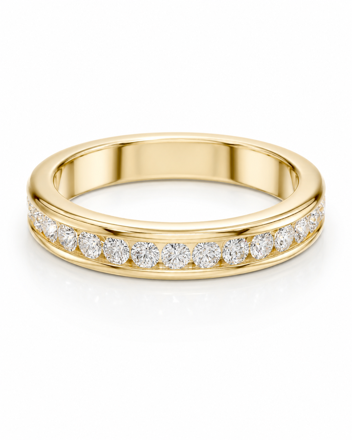 color_10K_YG, color_14K_YG &&	
Channel set moissanite wedding band featuring brilliant round stones.