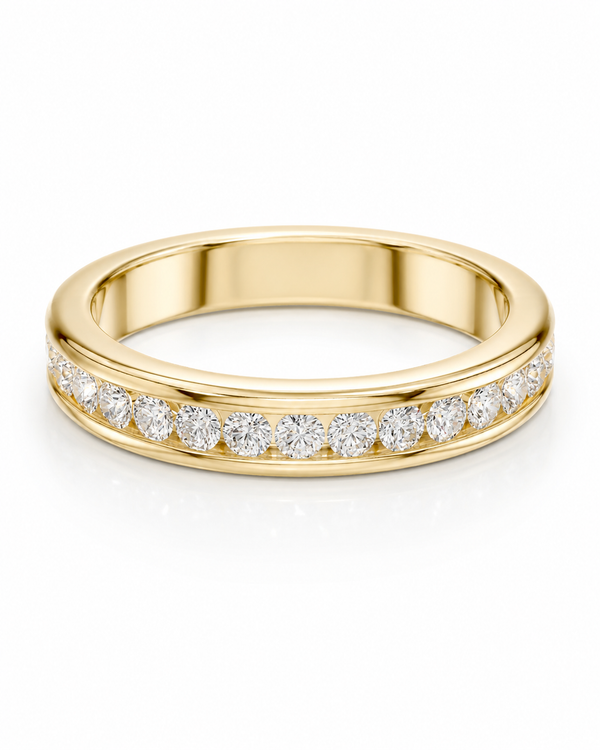 color_10K_YG, color_14K_YG &&	
Channel set moissanite wedding band featuring brilliant round stones.
