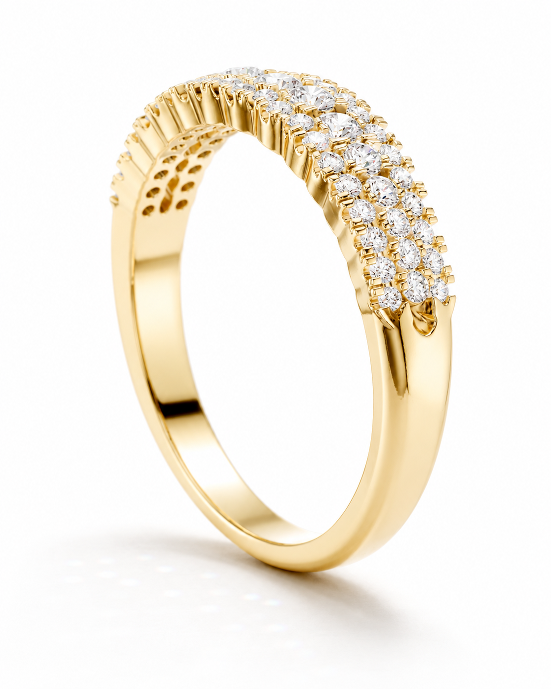 color_10K_YG, color_14K_YG &&	
Angled view of a refined moissanite anniversary band with layered pave detailing.