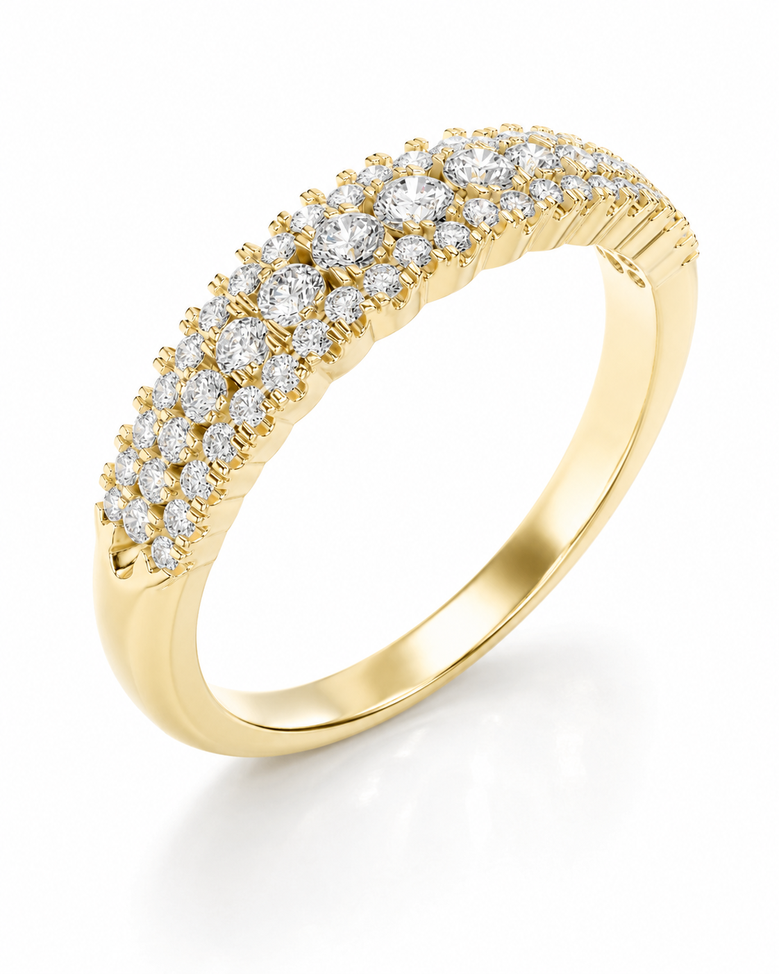 color_10K_YG, color_14K_YG &&	
Front view of a handcrafted pave moissanite wedding ring with round stones.