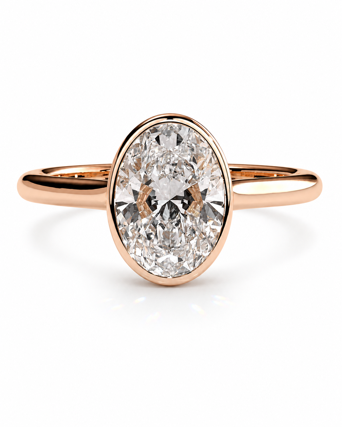 color_10K_RG, color_14K_RG &&A rose gold engagement ring featuring a large oval-cut clear gemstone in a bezel setting, shown on a clean white background.