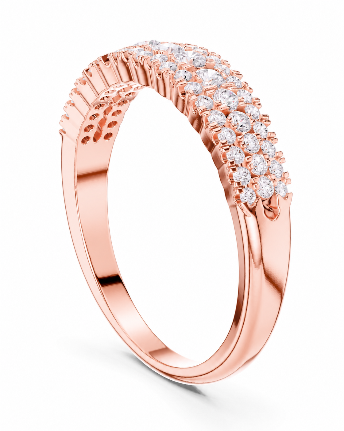 color_10K_RG, color_14K_RG &&	
A rose gold ring with a double row of pave-set clear diamonds on the upper half, shown at an angle on a clean white background.