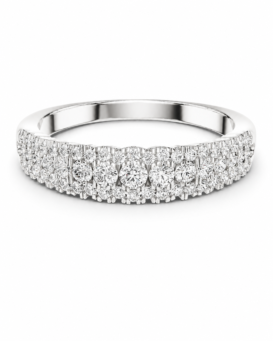 color_925_SIL,color_935_ARG,color_10K_WG, color_14K_WG &&	
A diamond eternity ring in a silver-toned metal setting, featuring three rows of round-cut diamonds on a clean white background.