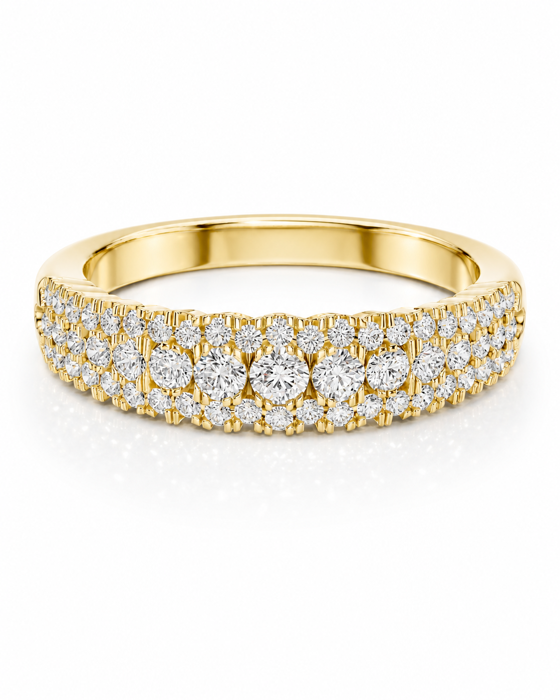 color_10K_YG, color_14K_YG &&	
Multi-row pavé moissanite wedding band with brilliant round stones.