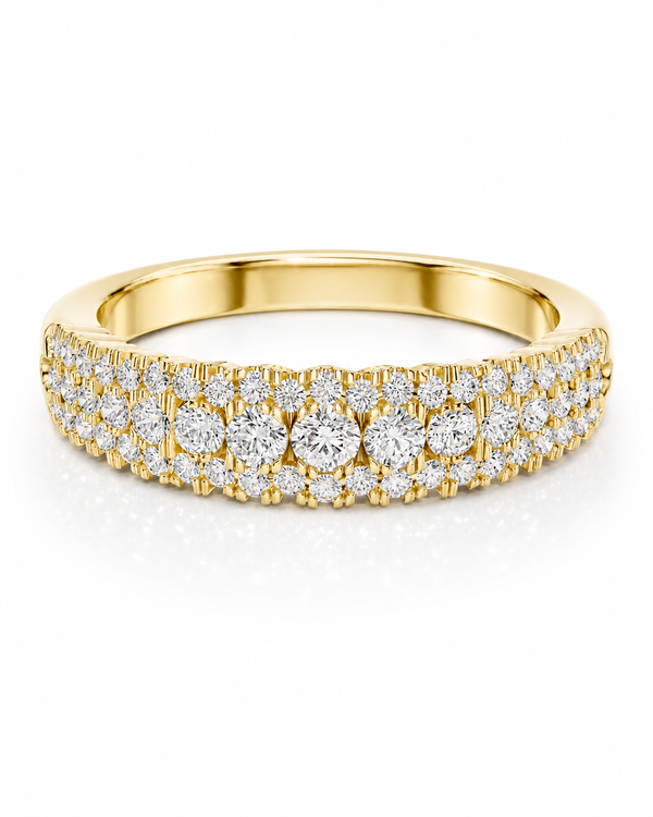 color_10K_YG, color_14K_YG &&	
Multi-row pavé moissanite wedding band with brilliant round stones.