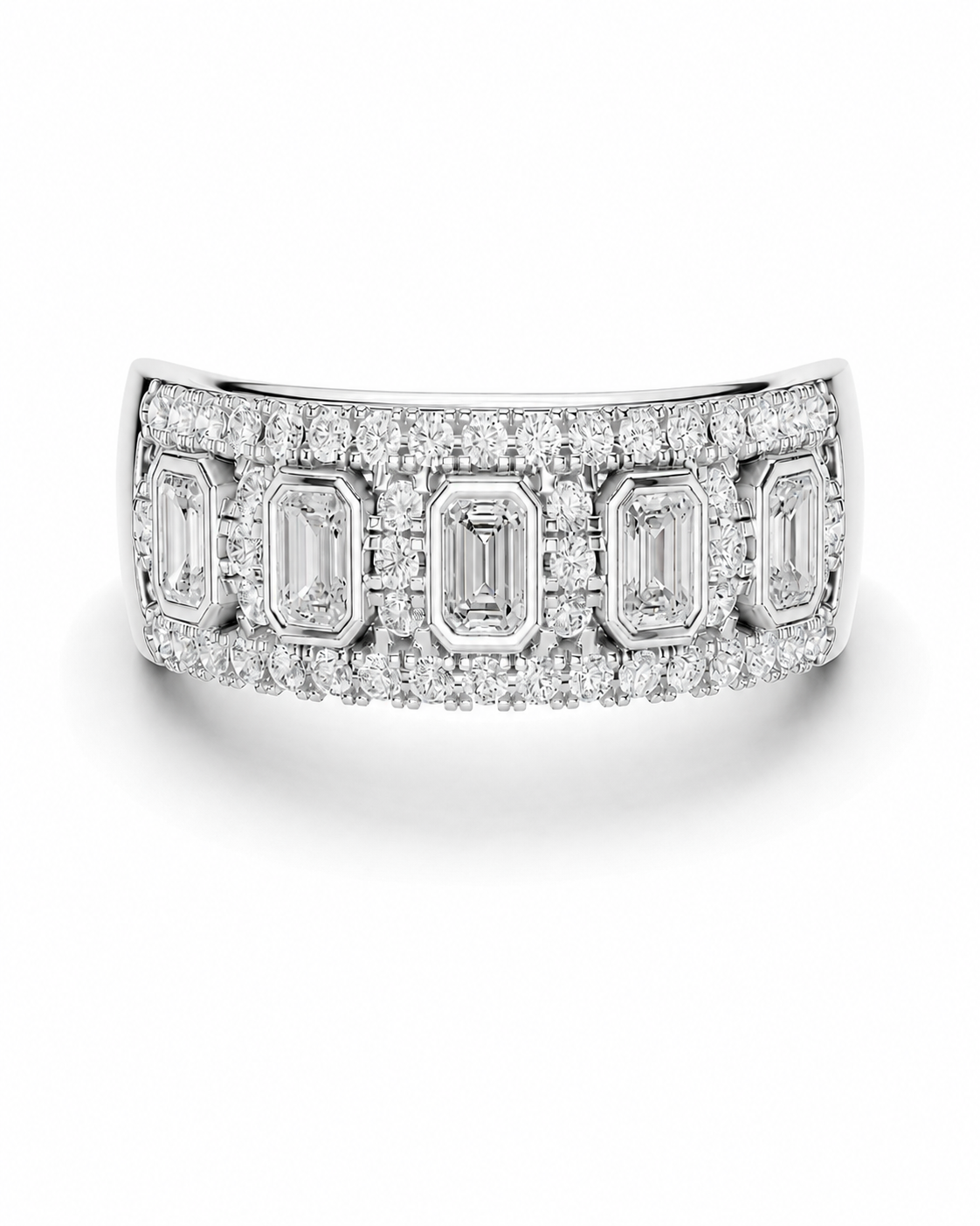 color_925_SIL,color_935_ARG,color_10K_WG, color_14K_WG &&	
A silver-tone curved band ring featuring a row of emerald-cut and round diamonds, photographed on a clean white background.