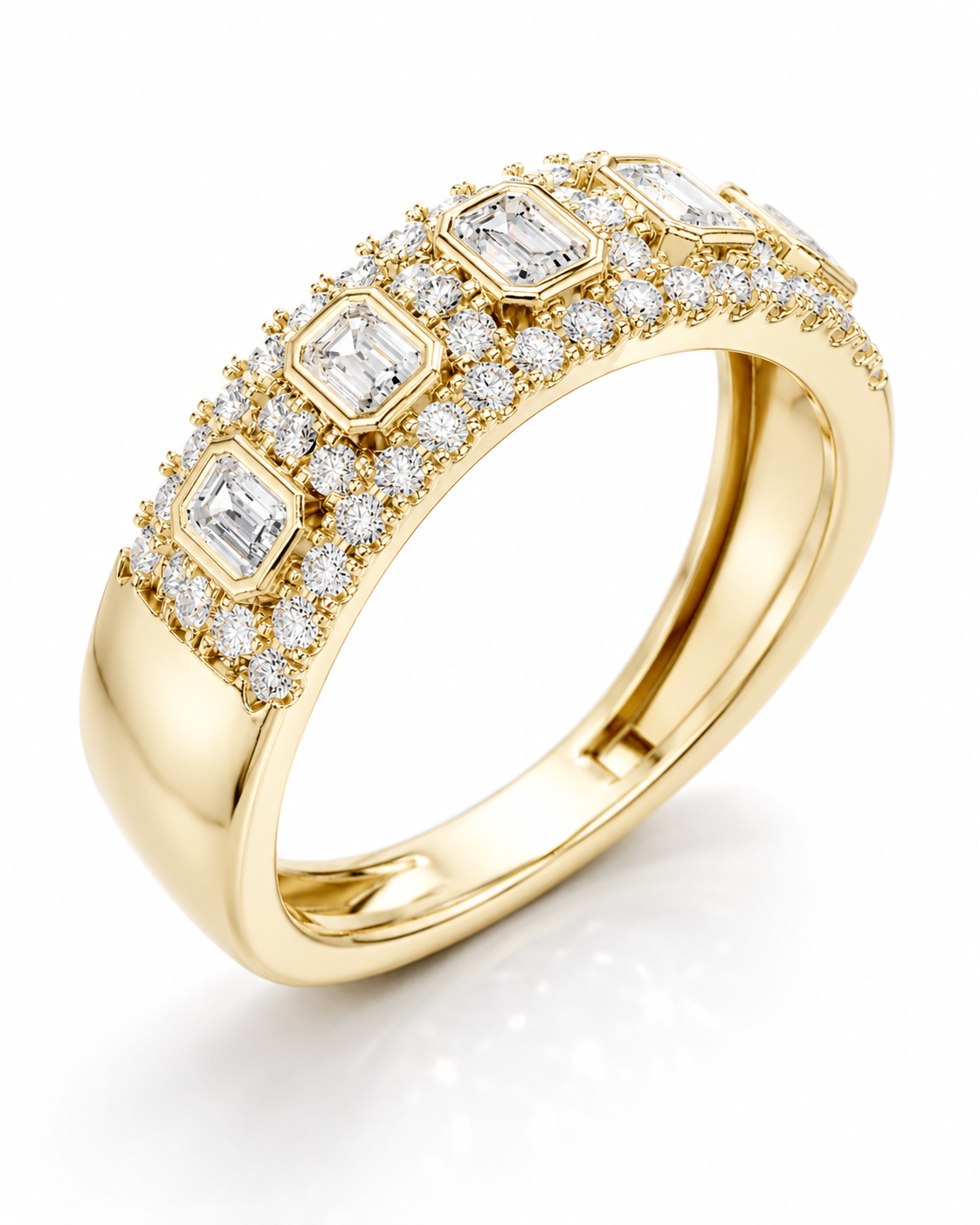 color_10K_YG, color_14K_YG &&	
Handcrafted anniversary wedding band with emerald-cut moissanite and round accents.