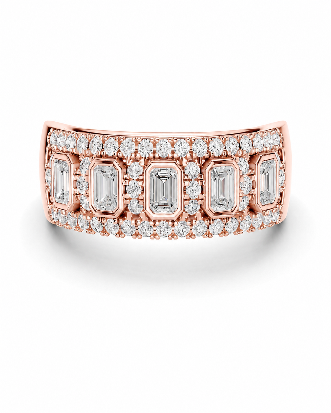 color_10K_RG, color_14K_RG &&	
A rose gold band ring featuring a row of baguette-cut diamonds and small round diamonds, set against a clean white background.