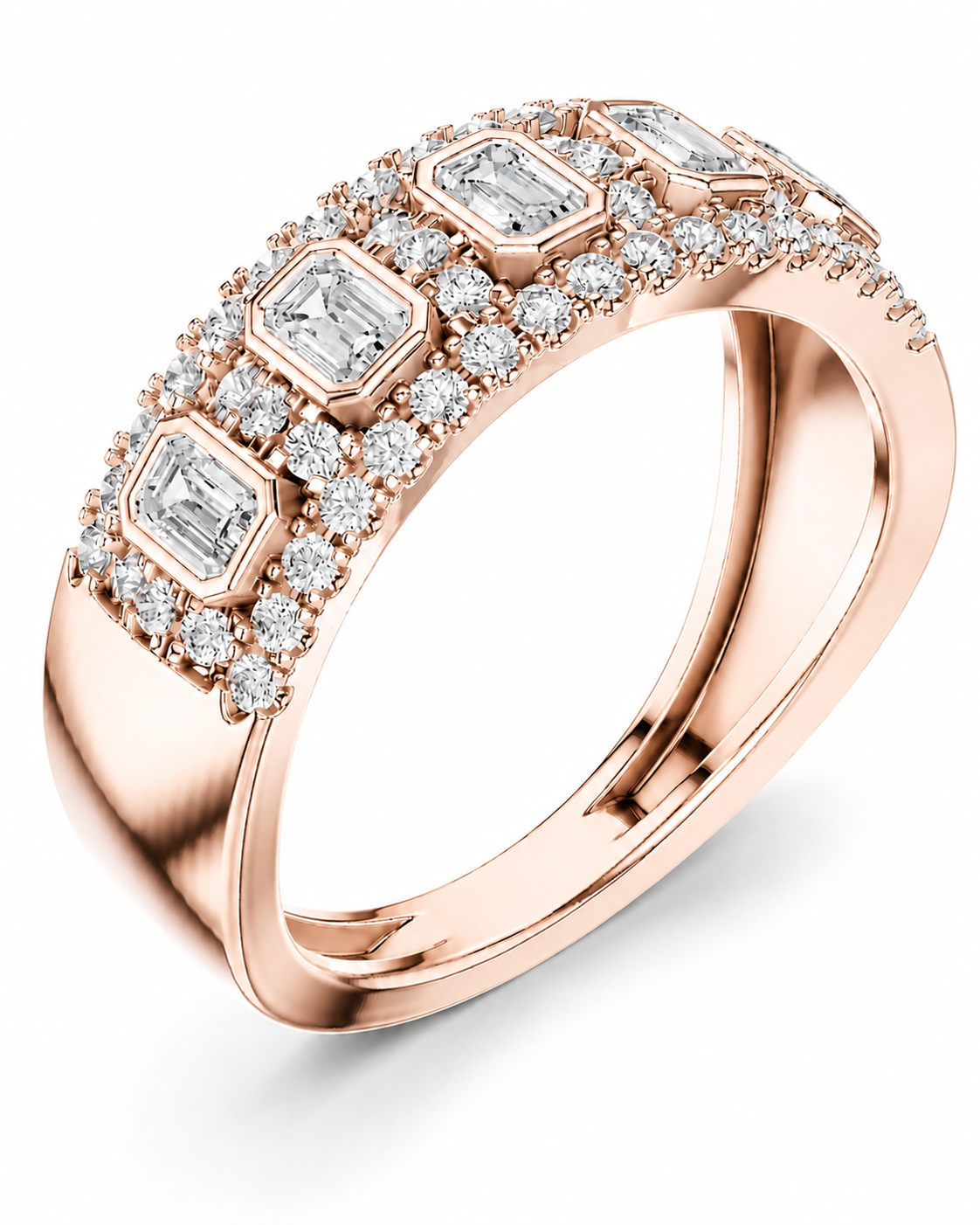 color_10K_RG, color_14K_RG &&	
A rose gold double-row diamond ring with emerald-cut and round diamonds, shown on a clean white background.