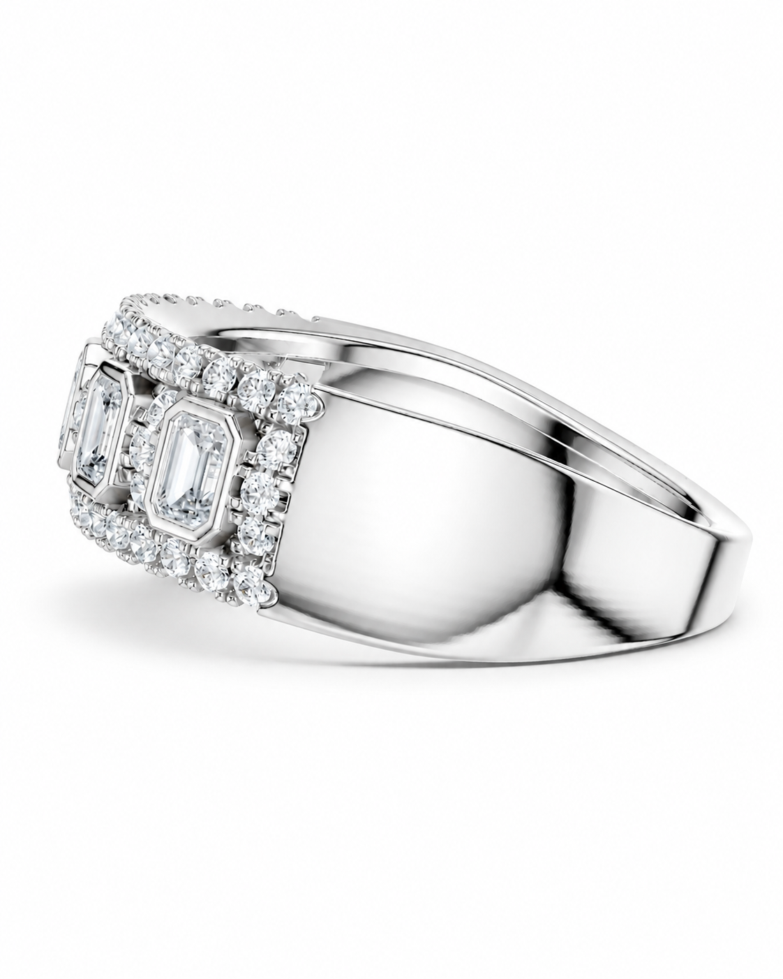 color_925_SIL,color_935_ARG,color_10K_WG, color_14K_WG &&	
A silver-toned diamond ring featuring three large emerald-cut center stones surrounded by a double row of smaller round diamonds, set on a polished band against a white background.