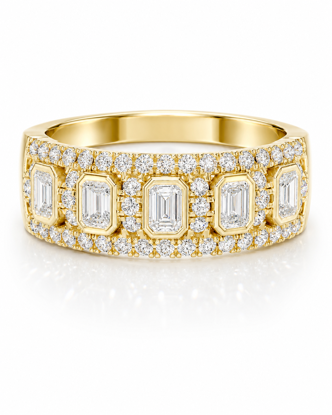 color_10K_YG, color_14K_YG &&	
Emerald cut and round moissanite wedding band with halo-inspired detailing.