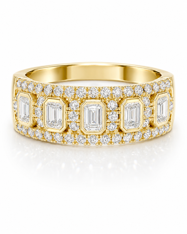 color_10K_YG, color_14K_YG &&	
Emerald cut and round moissanite wedding band with halo-inspired detailing.