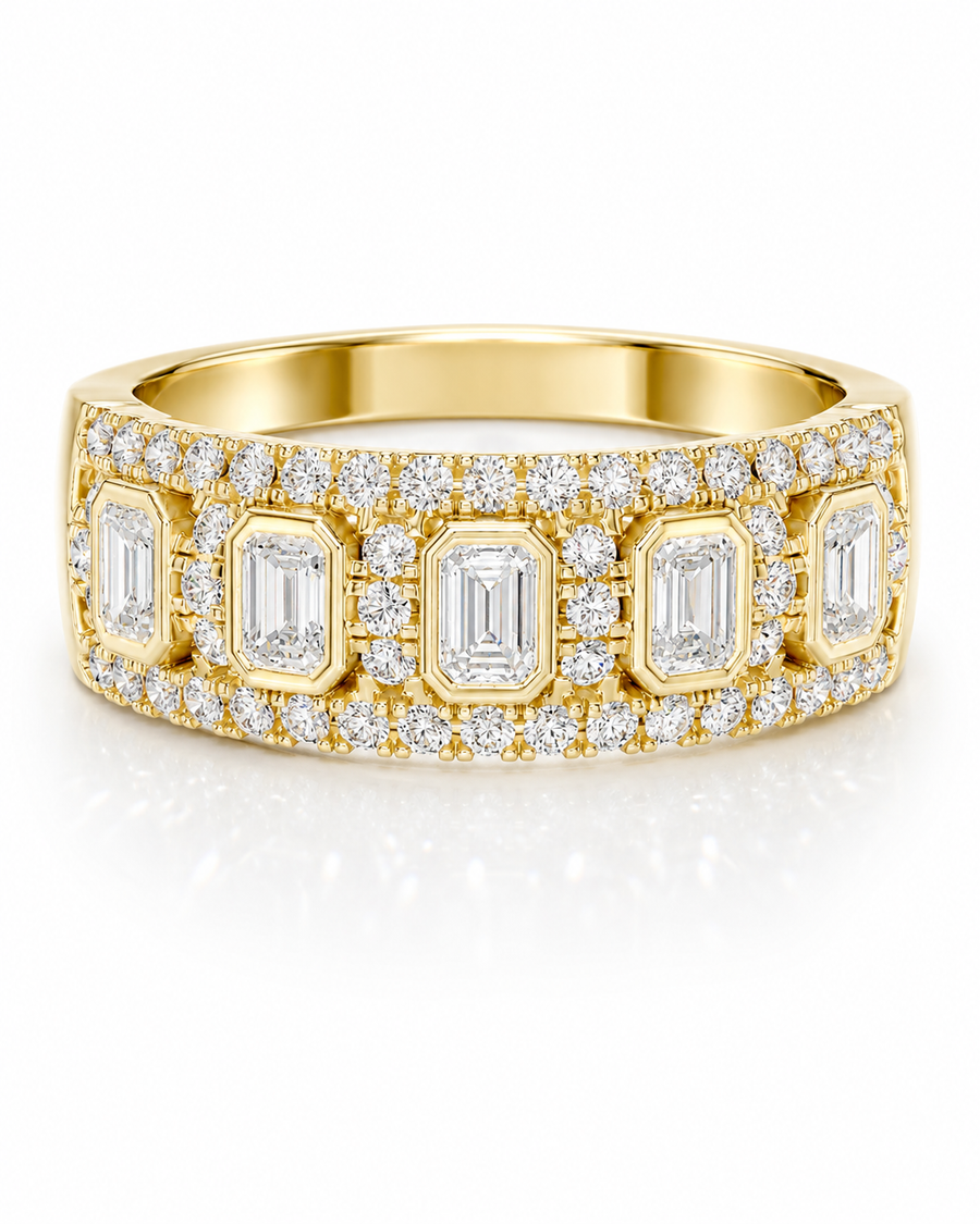 color_10K_YG, color_14K_YG &&	
Emerald cut and round moissanite wedding band with halo-inspired detailing.