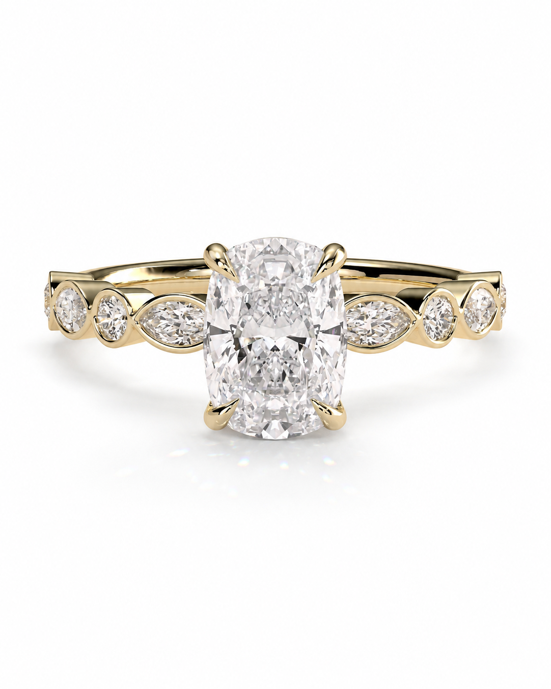 color_10K_YG, color_14K_YG &&
A yellow gold engagement ring featuring a large cushion-cut diamond center stone and smaller marquise-cut diamonds along the shoulders, set against a clean white background.