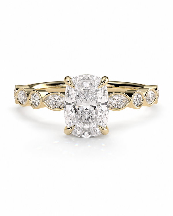 color_10K_YG, color_14K_YG &&
A yellow gold engagement ring featuring a large cushion-cut diamond center stone and smaller marquise-cut diamonds along the shoulders, set against a clean white background.